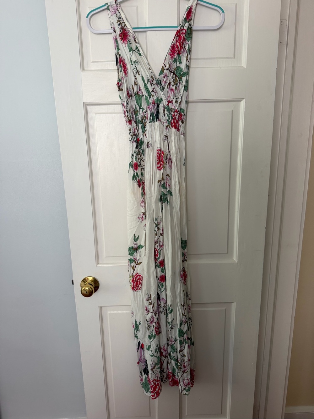 White Floral Maxi Dress with Pink & Green Print
